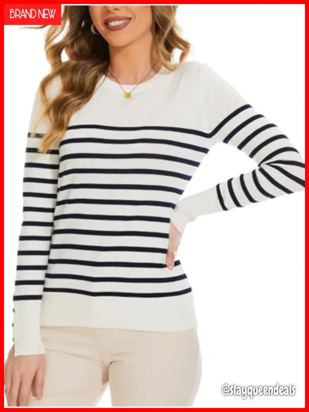 Lightweight Long Sleeve Crew Neck Striped Knit Pullover Sweater